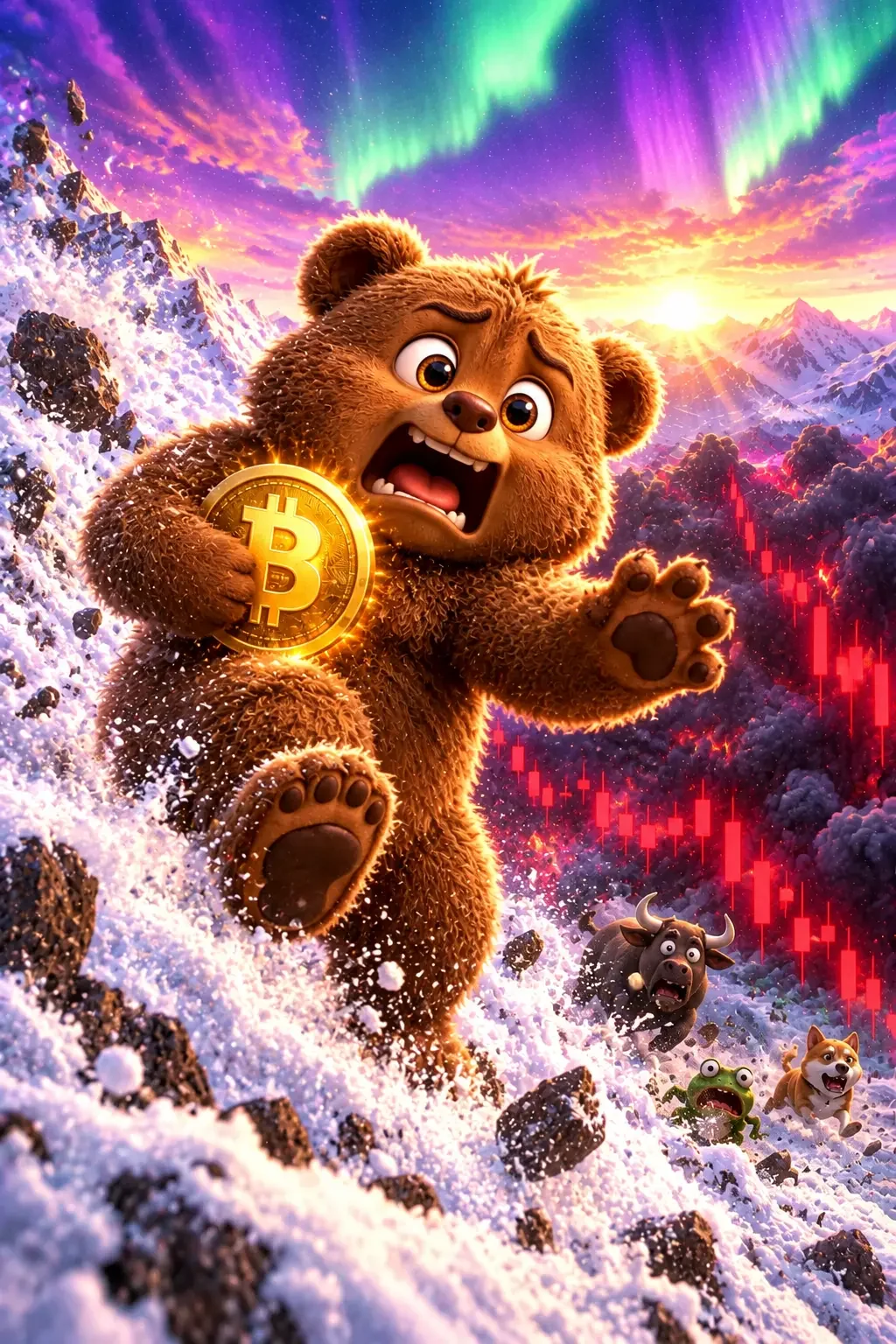 BER sliding down an avalanche of snow and rocks clutching the golden coin while the bull, the frog and the dog flee and red candles drop into the ravine
