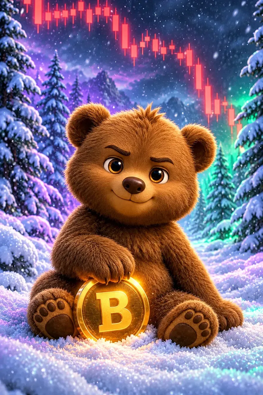 BER the bear sitting calmly in the snow next to the golden B coin